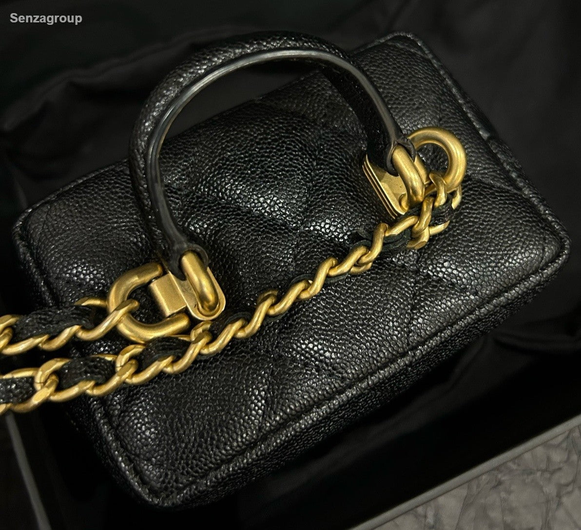 Chanel Diamond Mini Top Handle Chain Crossbody Black Gold Women Classic