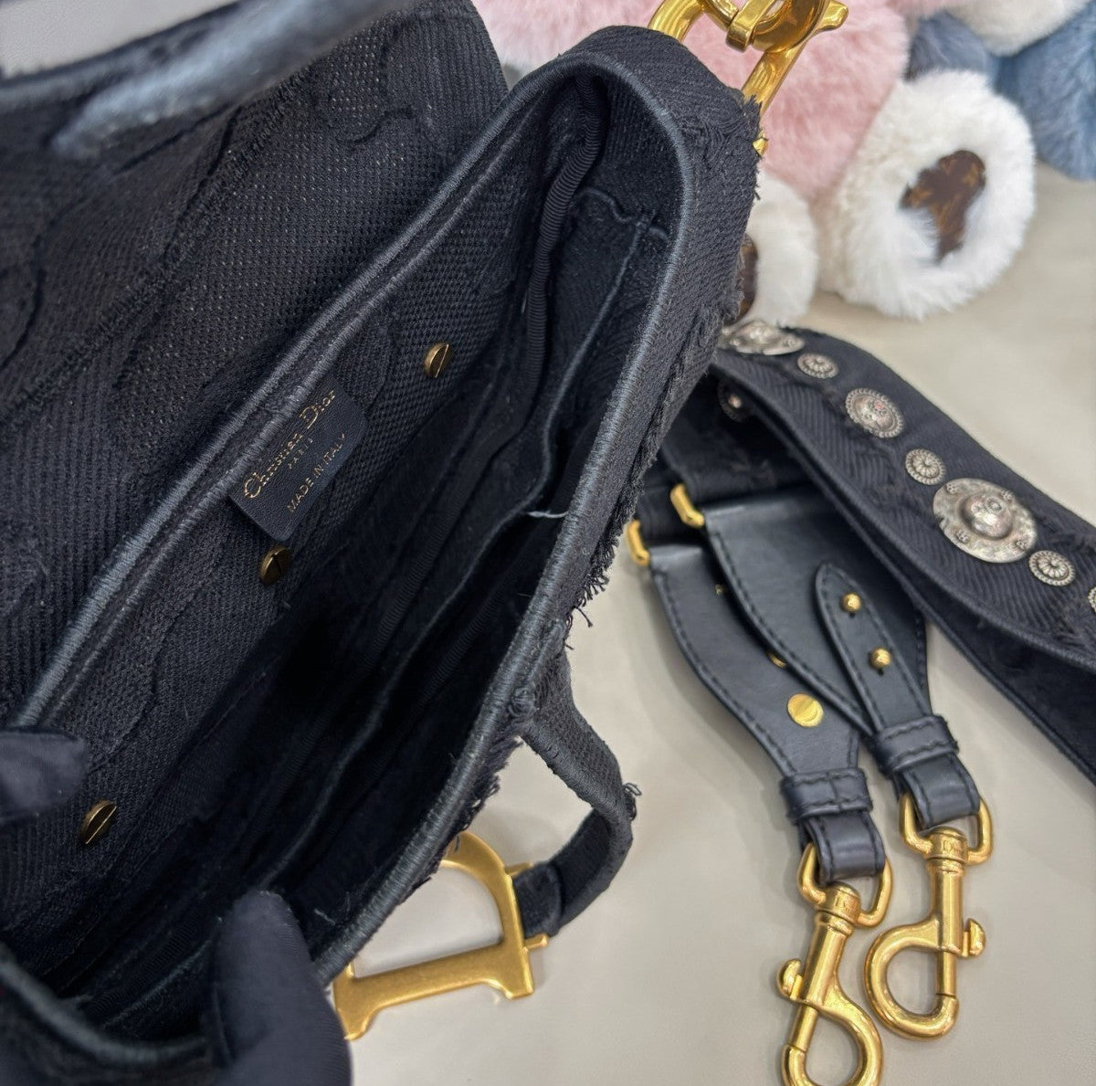 Christian Dior Saddle MM Canvas Top Handle Shoulder Crossbody Black Gold Women