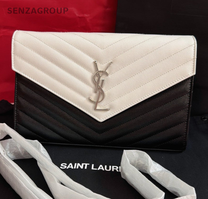 Saint Laurent Calfskin Envelope Shoulder Bag Crossbody Black White Silver Women