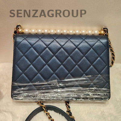 Chanel Blue Quilted Caviar Pearl Chain Shoulder Bag Gold Hardware