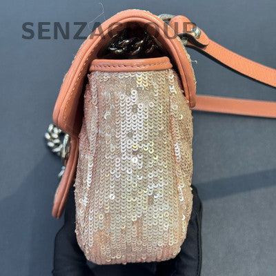 Gucci Marmont 22 Orange Sequin Chain Shoulder Bag Silver Hardware