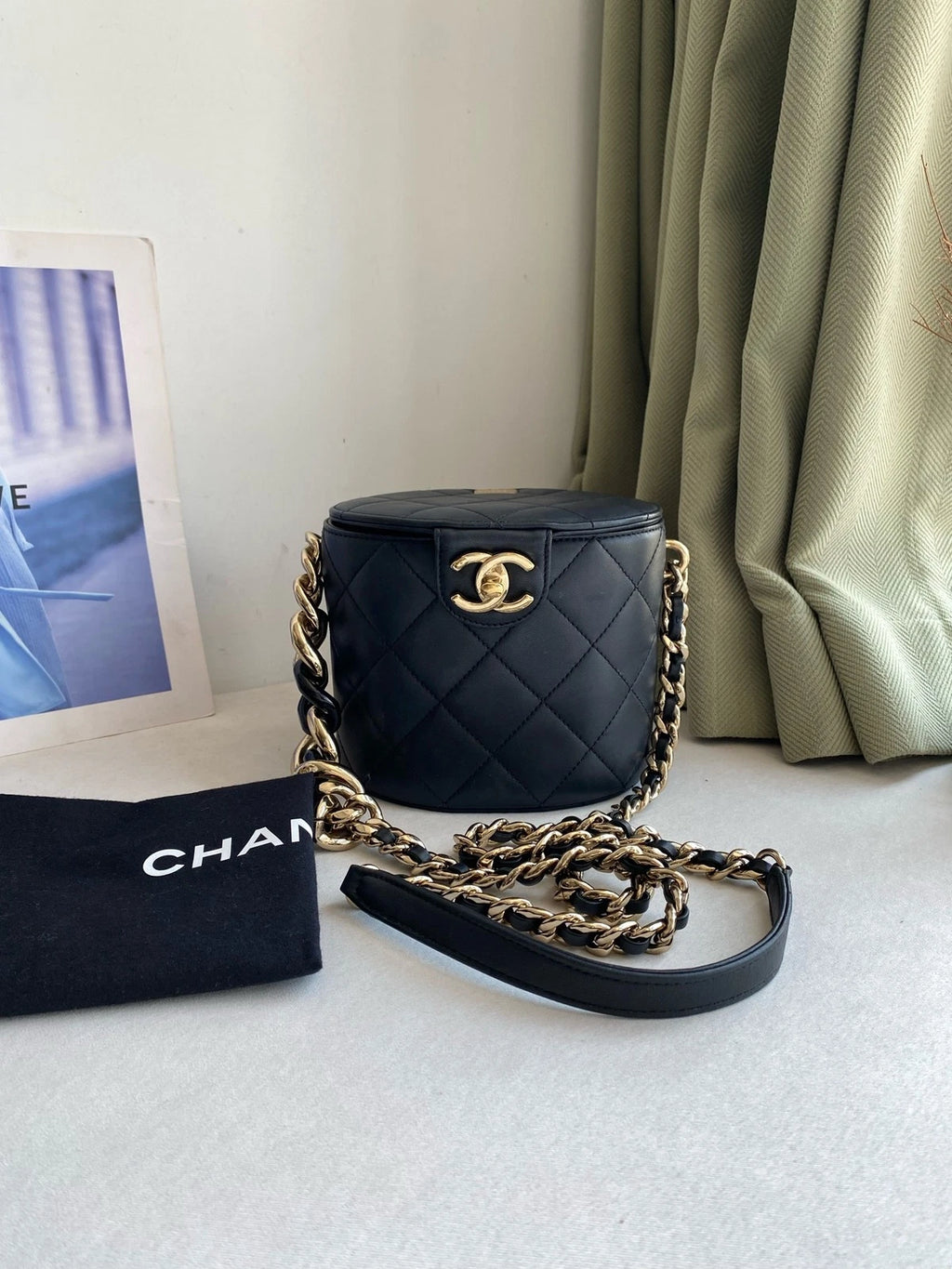 CHANEL Black Gold Vanity Case Mini Bucket Bag For Women