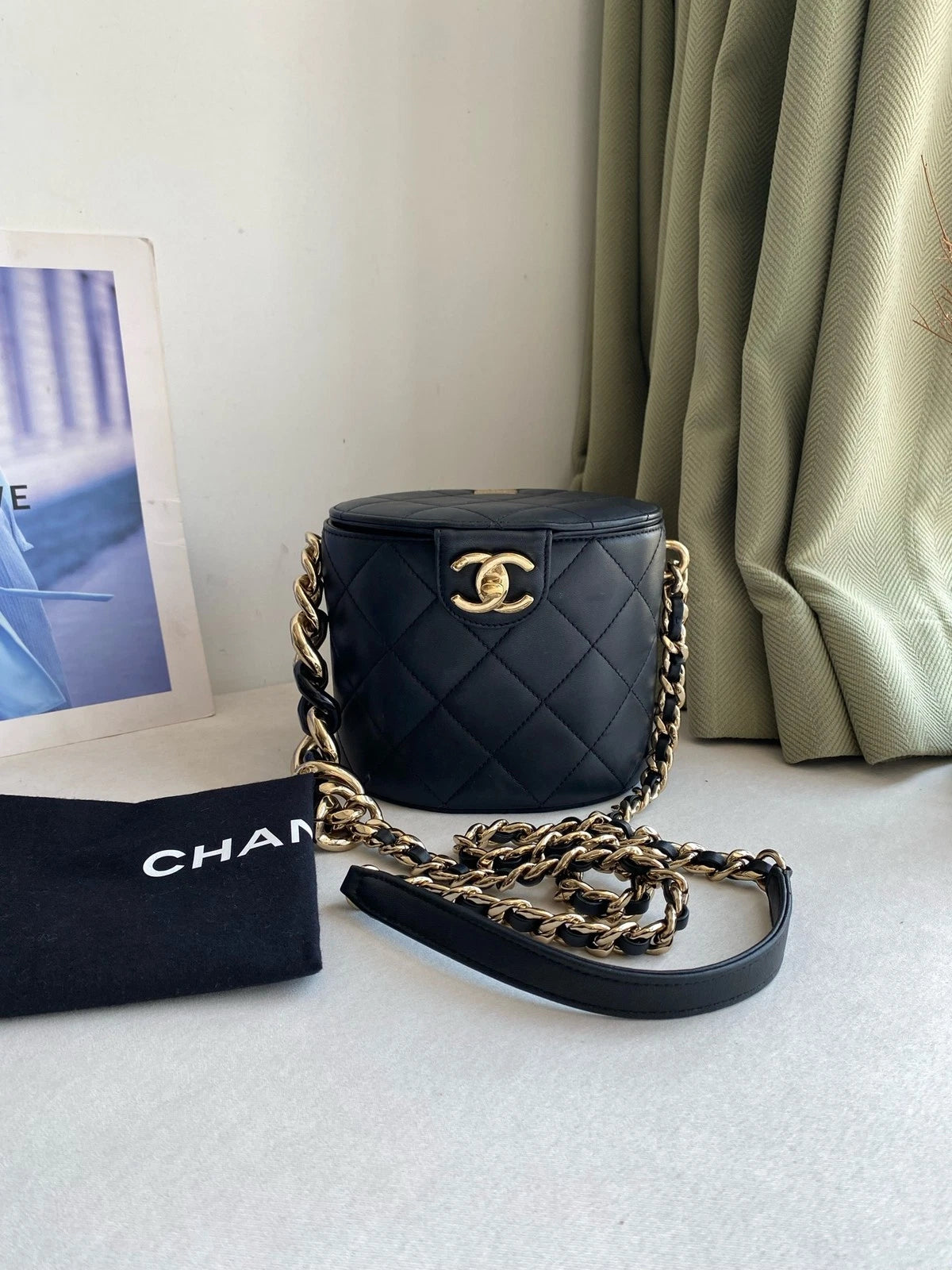 CHANEL Black Gold Vanity Case Mini Bucket Bag For Women