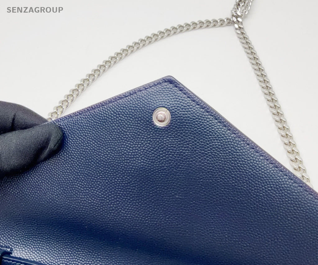 Saint Laurent Calfskin MM Chain Shoulder Bag Crossbody Blue Silver Women Classic