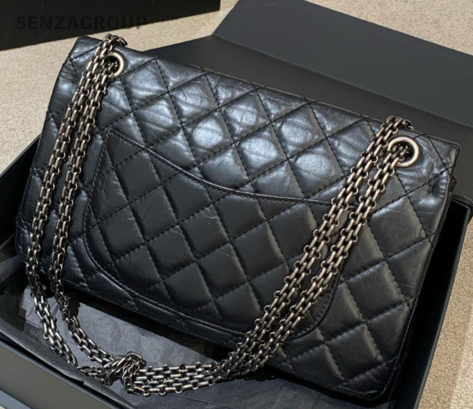 Chanel Diamond MM Chain Calfskin Shoulder Bag Black Silver Women Classic