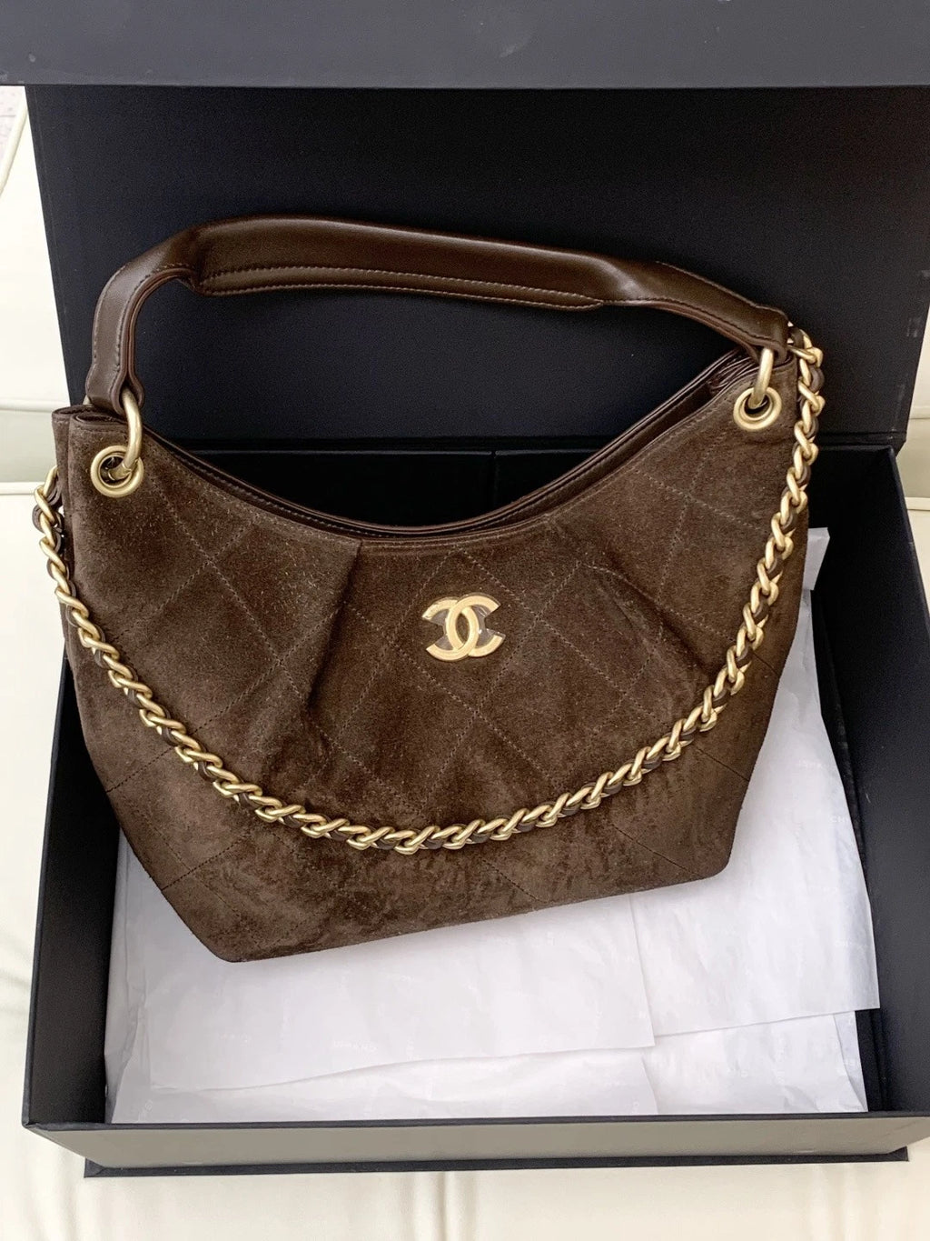 Chanel Suede Hobo Chain Shoulder Bag Brown Gold Hardware Women S