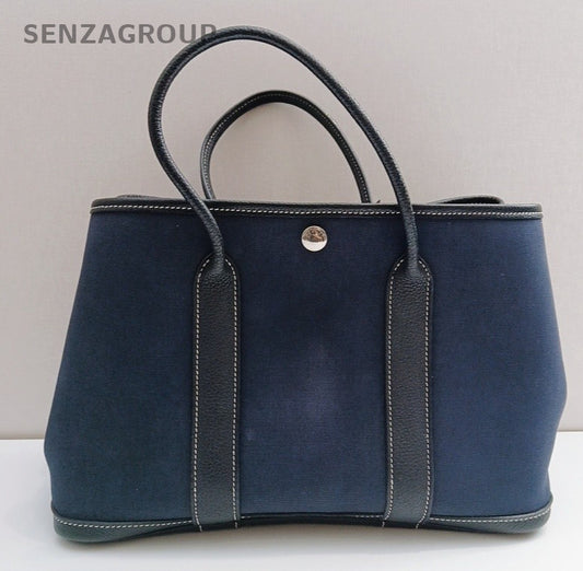 Hermes Garden Party30 Blue Silver Top Handle Bag Used Women Classic Fashion