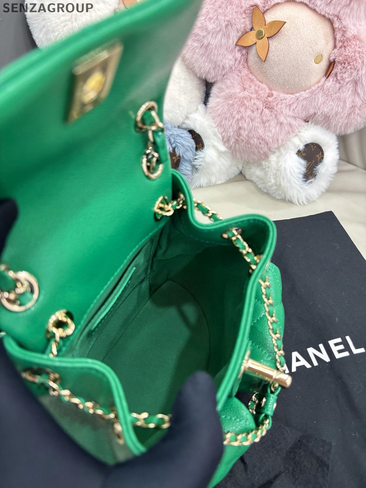 Chanel Duma PM Calfskin Chain Backpack Green Gold Diamond Women Classic