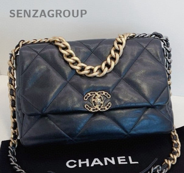 Chanel 19Bag MM Chain Top Handle Shoulder Crossbody Black Gold Women Classic