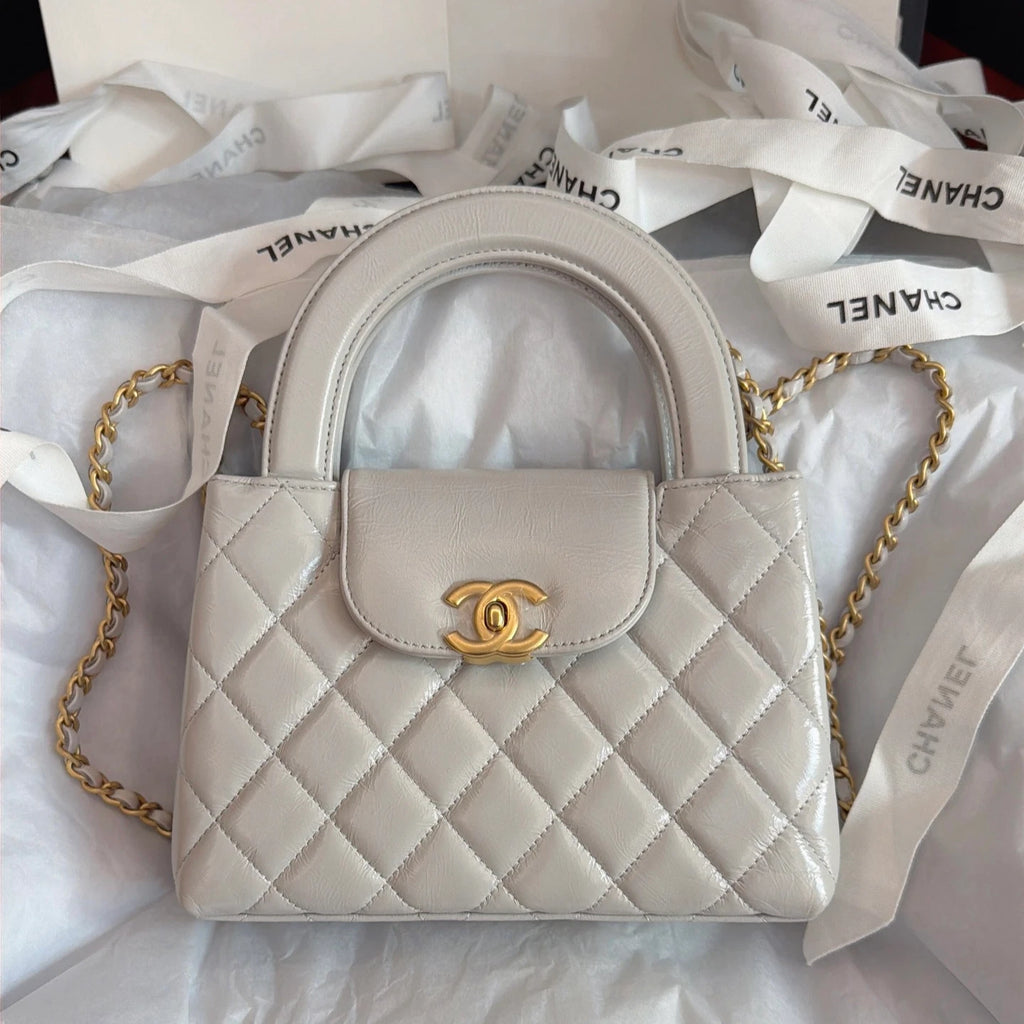 Chanel Kelly Diamond Chain Top Handle Crossbody Gray Gold Women Classic Fashion