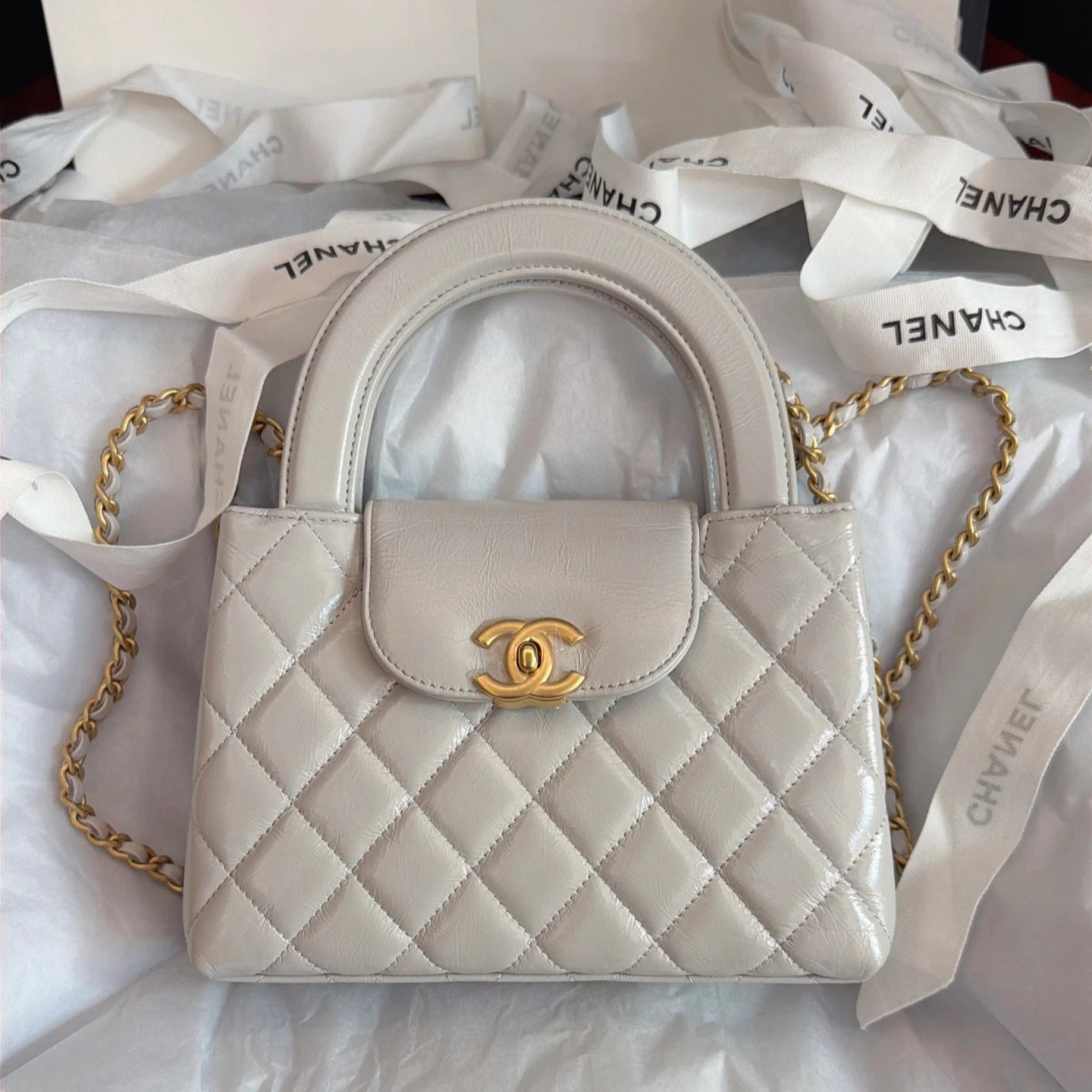 Chanel Kelly Diamond Chain Top Handle Crossbody Gray Gold Women Classic Fashion