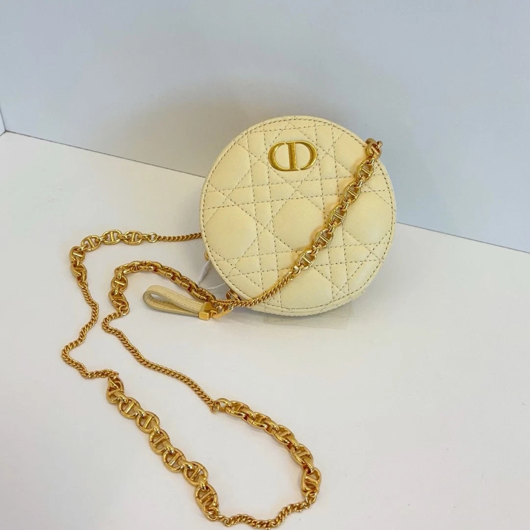 Christian Dior Caro Cannage Calfskin Chain Shoulder Crossbody Bag Yellow Women