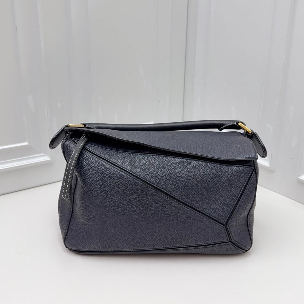 Loewe Puzzle Navy Calfskin Top Handle Crossbody Bag Gold Hardware Women