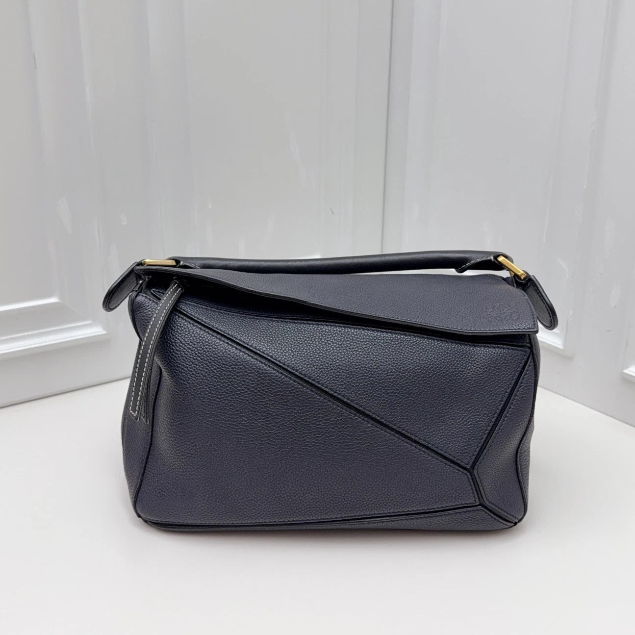 Loewe Puzzle Navy Calfskin Top Handle Crossbody Bag Gold Hardware Women