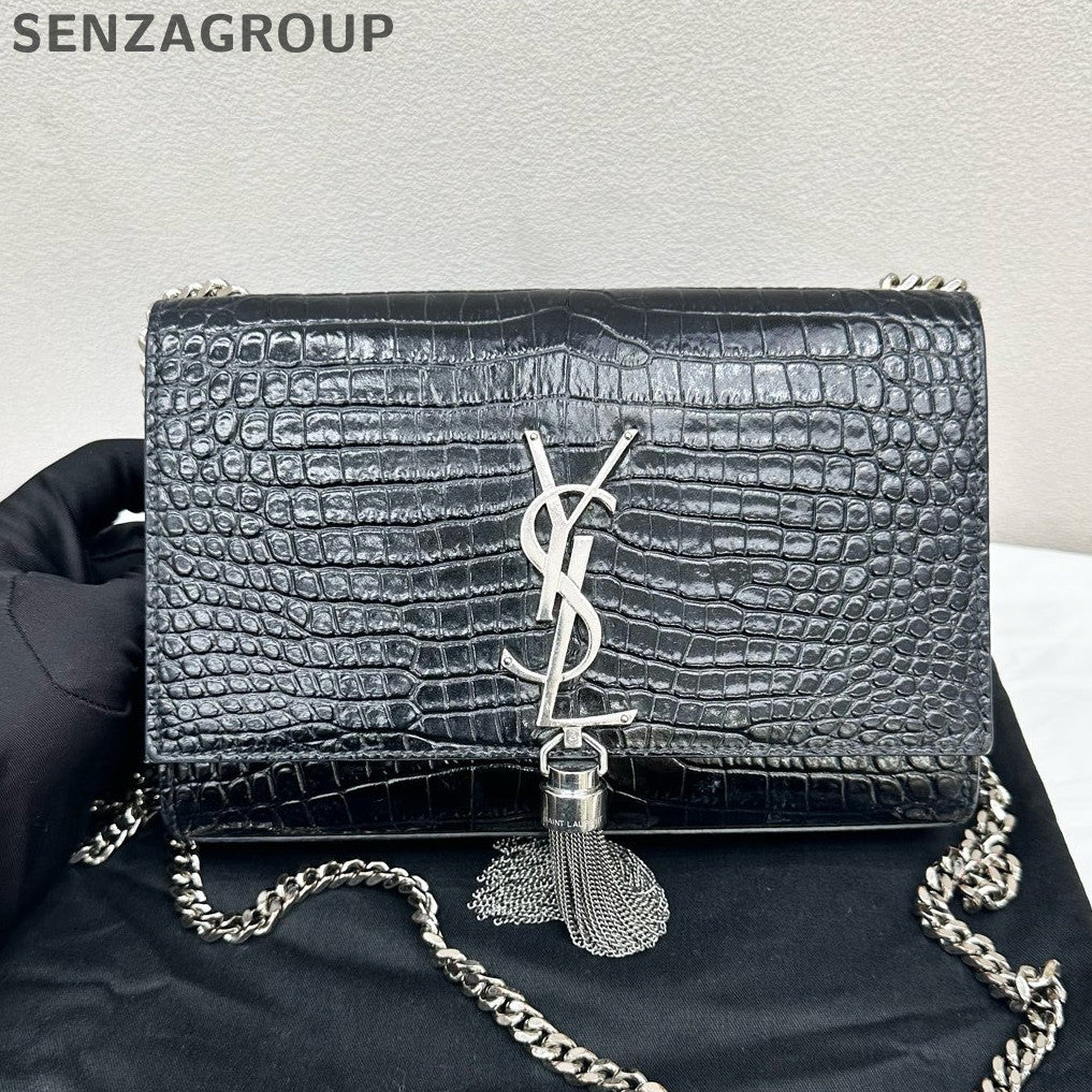 Saint Laurent YSL Black Silver Fringe Kate Small Chain Crossbody Bag