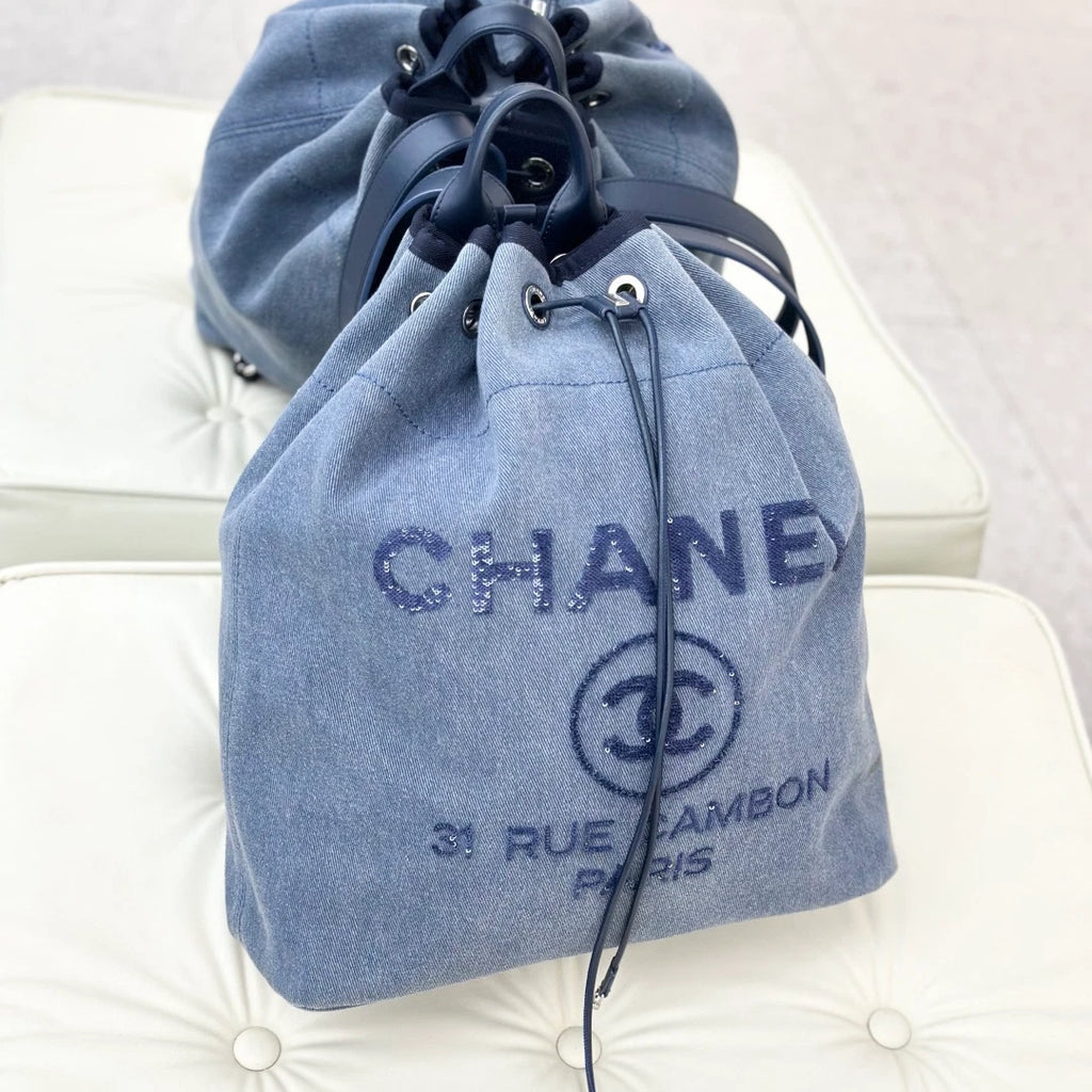 Chanel Denim GM Backpack Navy Blue Silver Used Women Classic