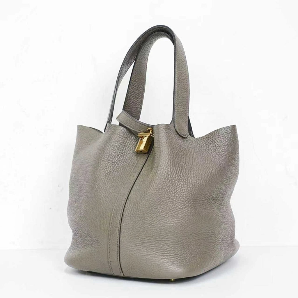 Hermes Picotin22 Gray Leather Gold Hardware Bucket Handbag Excellent