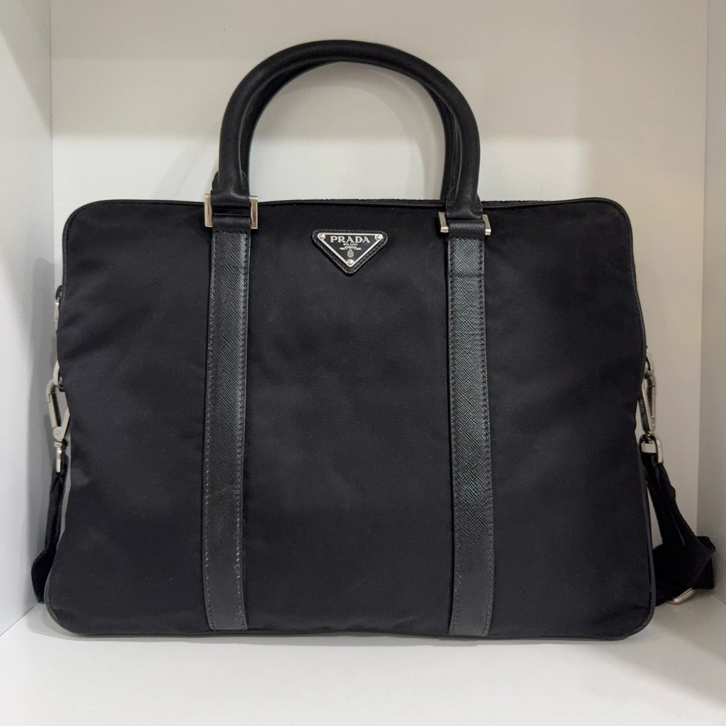 PRADA Black Nylon Leather Briefcase Handbag Crossbody Bag For Women