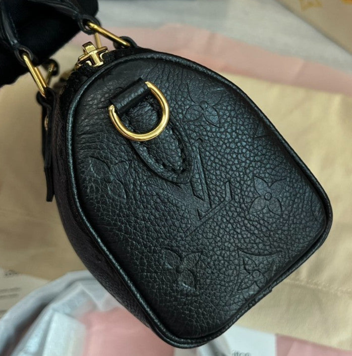 Louis Vuitton Speedy Nano Top Handle Bag Crossbody Black Gold Used Women Classic