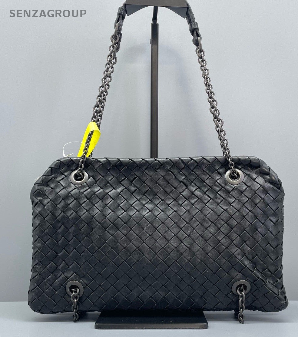 Bottega Veneta Roma Intrecciato Chain Shoulder Bag Black Silver Women Classic