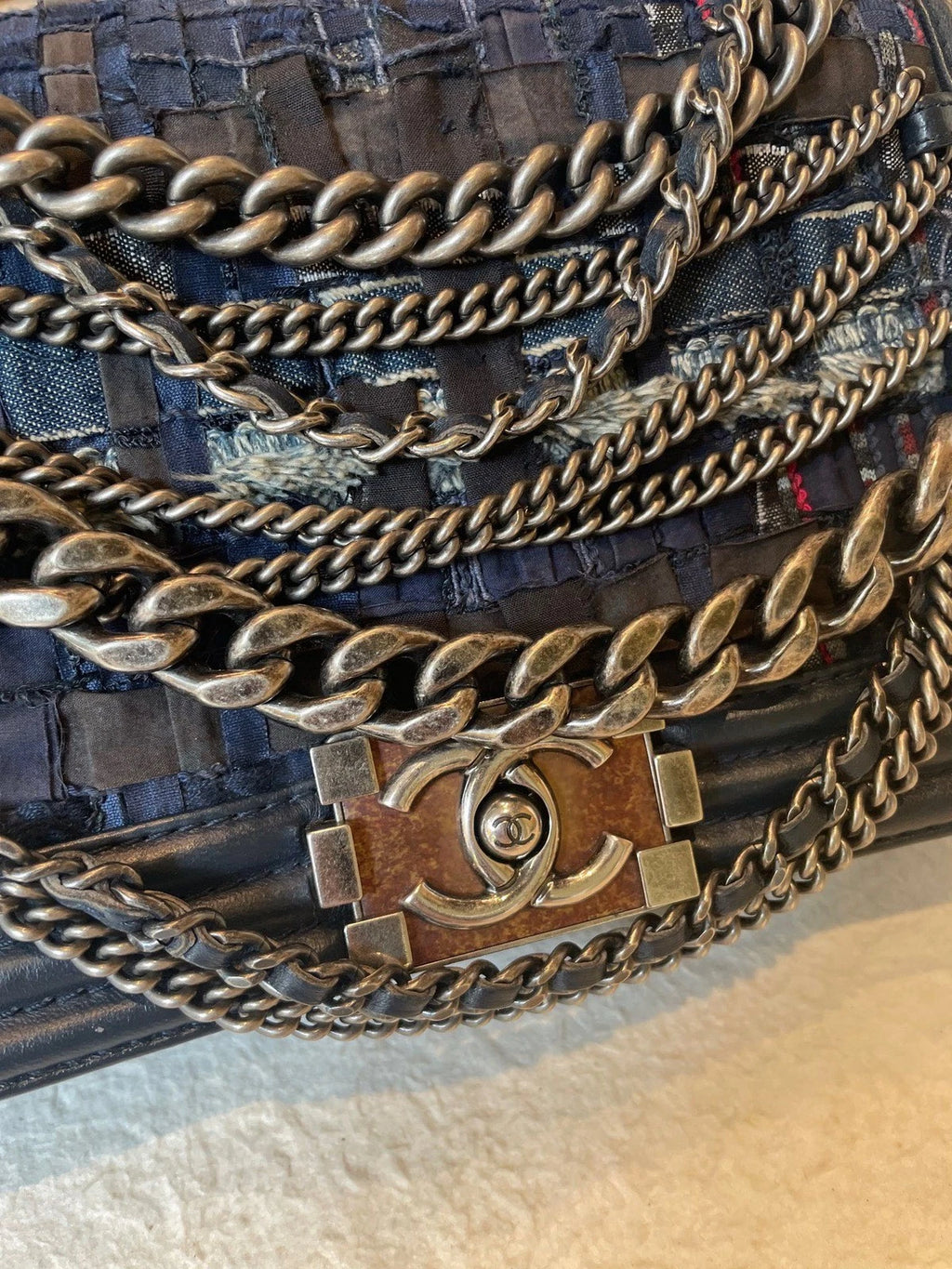 Chanel Leboy Chain Shoulder Bag Crossbody Blue Silver Women Classic Fashion
