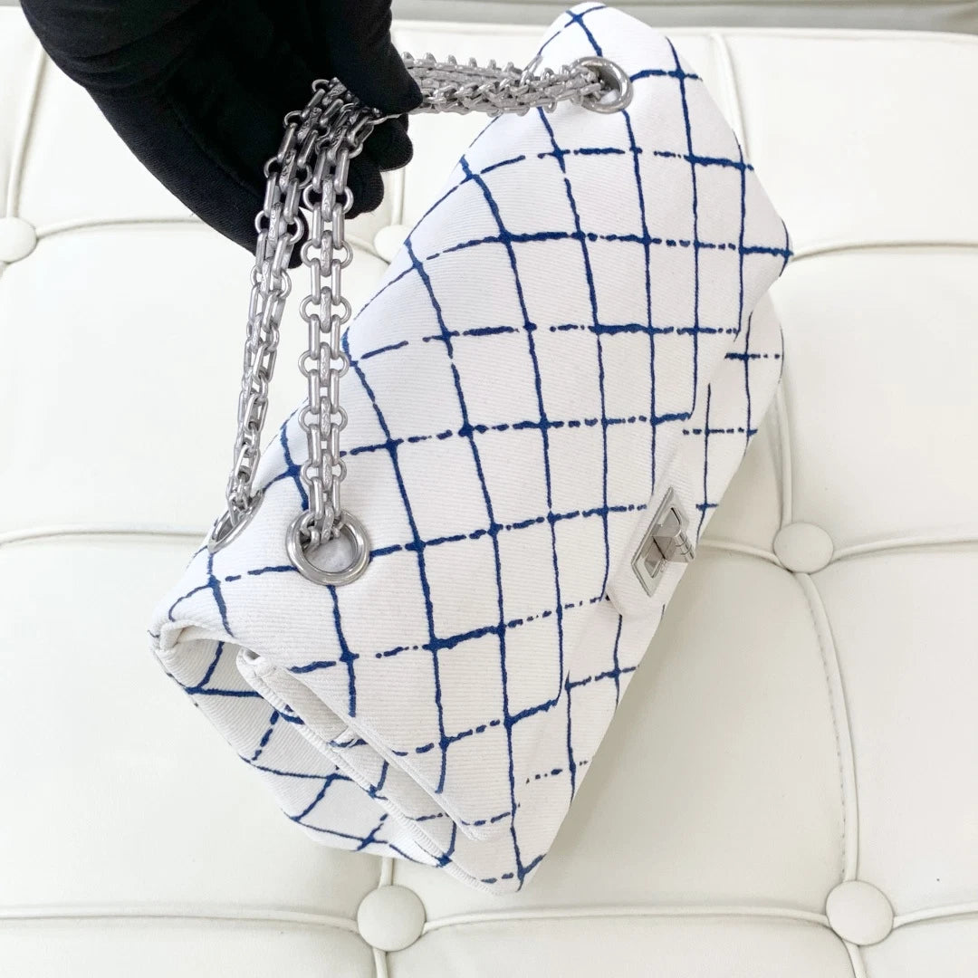 Chanel Denim Chain Diamond Shoulder Crossbody Bag White Silver Women S