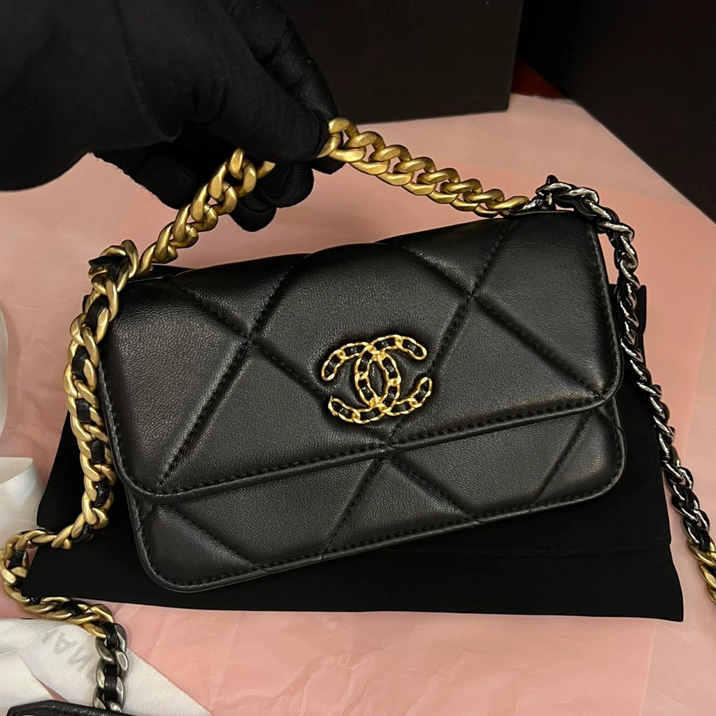 Chanel 19Bag WOC Lambskin Mini Chain Top Handle Crossbody Black Gold Women