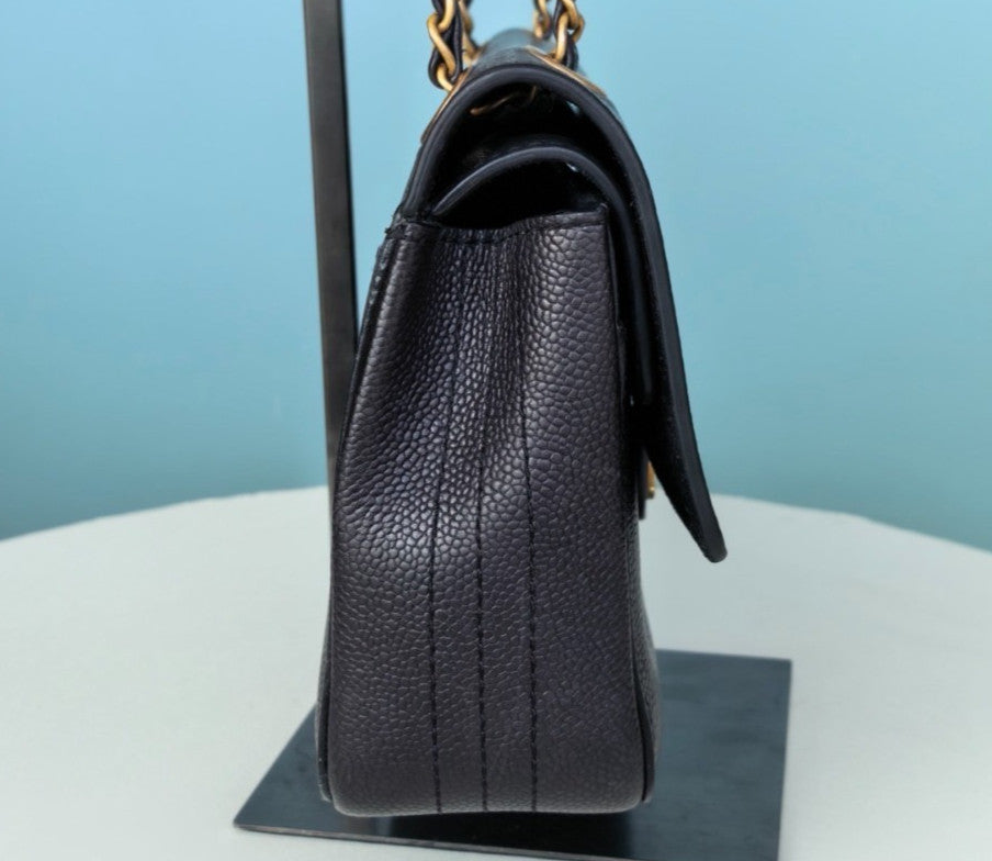 Chanel Classic Flap Chain Calfskin Shoulder Bag Crossbody Black Gold Women