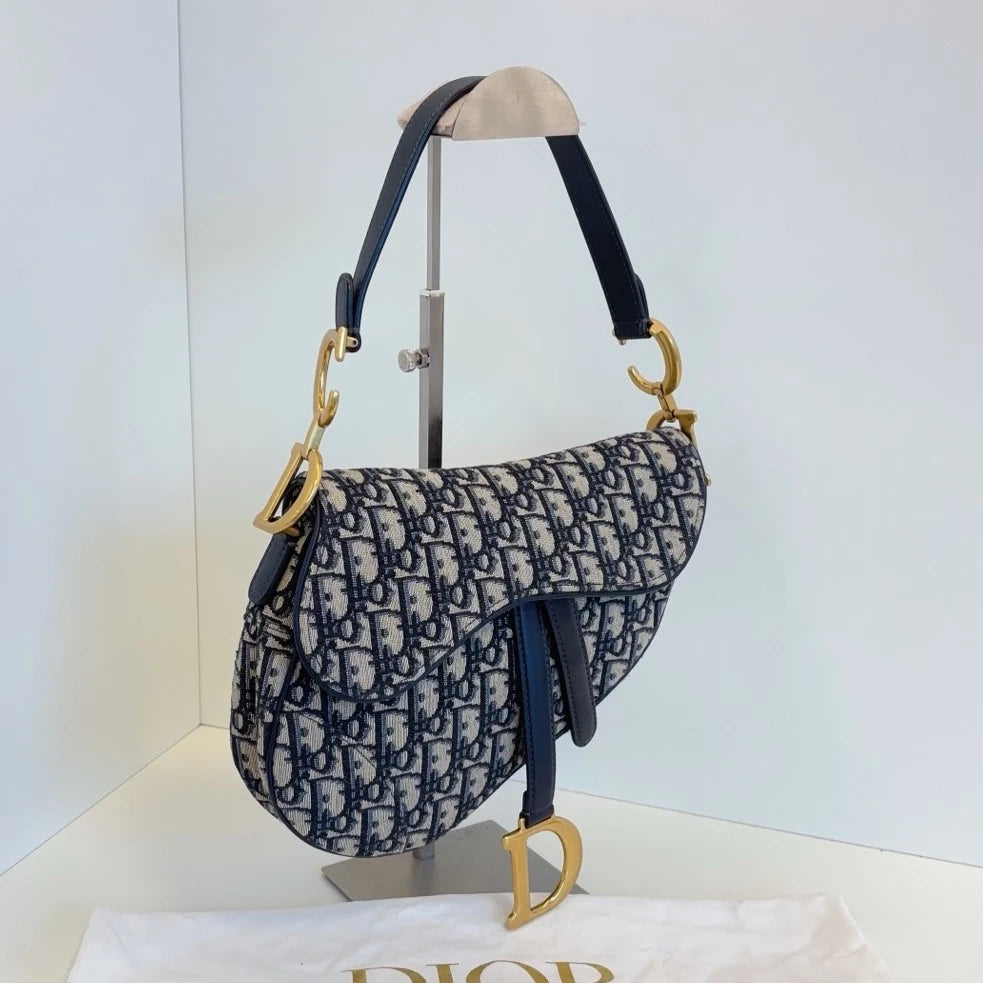 Christian Dior Monogram MM Shoulder Bag Blue Gold Hardware Women
