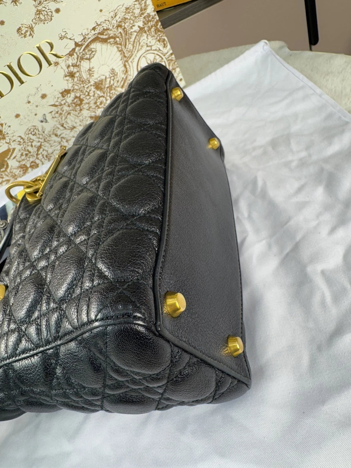 Dior Black Gold Waxed Leather 5-Grid Lady Dior Bag For Women