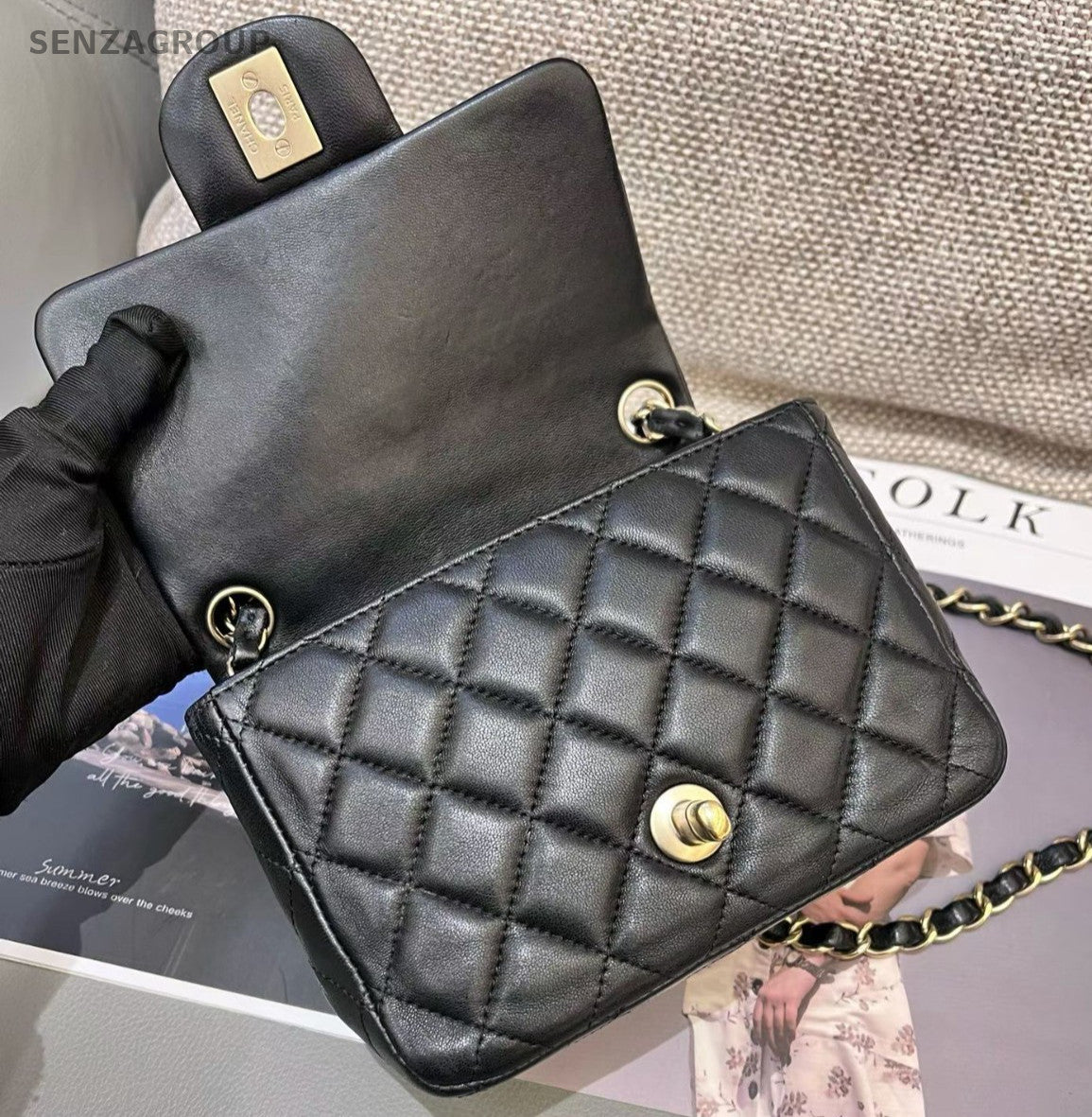 Chanel Classic Flap Lambskin Chain Shoulder Bag Crossbody Black Gold Women