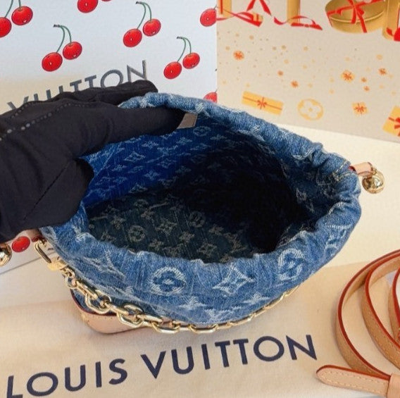 Louis Vuitton Nano Noe Denim Monogram Chain Shoulder Crossbody Blue Gold Women