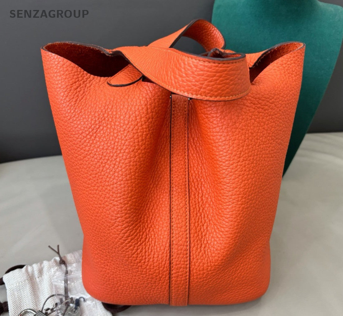Hermes Picotin22 Top Handle Bag Orange Silver Women Classic Fashion