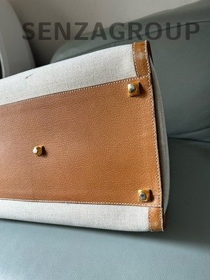 Gucci Vintage Canvas Leather Tote Bag Beige Orange Gold Women Fashion