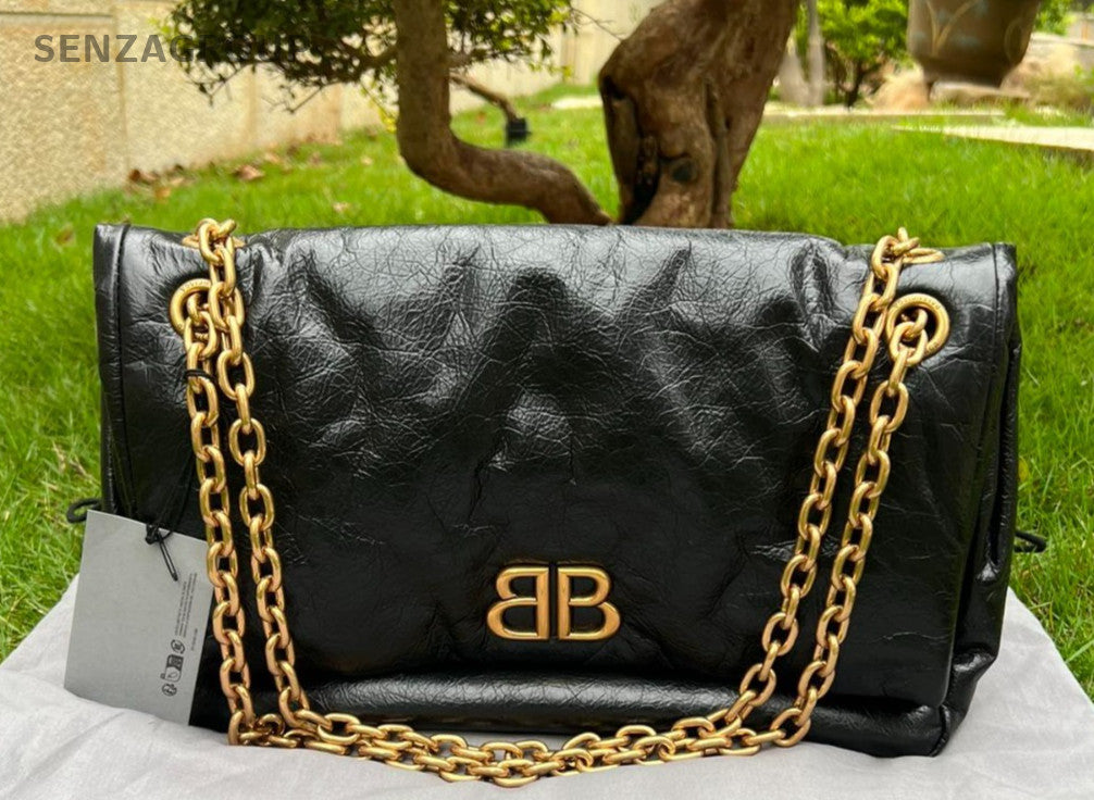 Balenciaga Monaco BB Logo Chain Arena Calfskin Shoulder bag Black Gold Brand NEW
