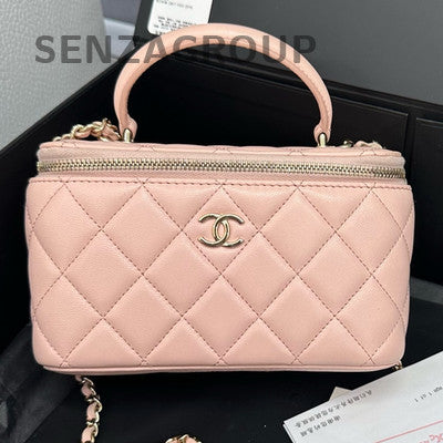 Chanel Quilted Vanity Case Pink Gold Handle Top Handle Crossbody Bag