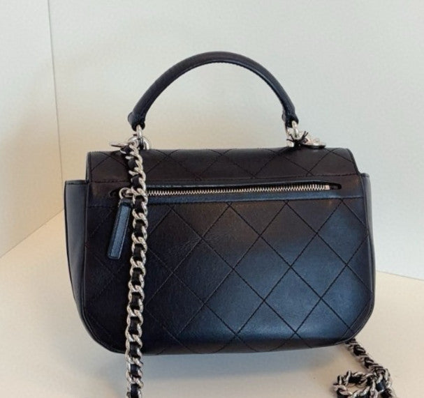 Chanel Diamond Calfskin 2Way Top Handle Chain Crossbody Black Silver Women
