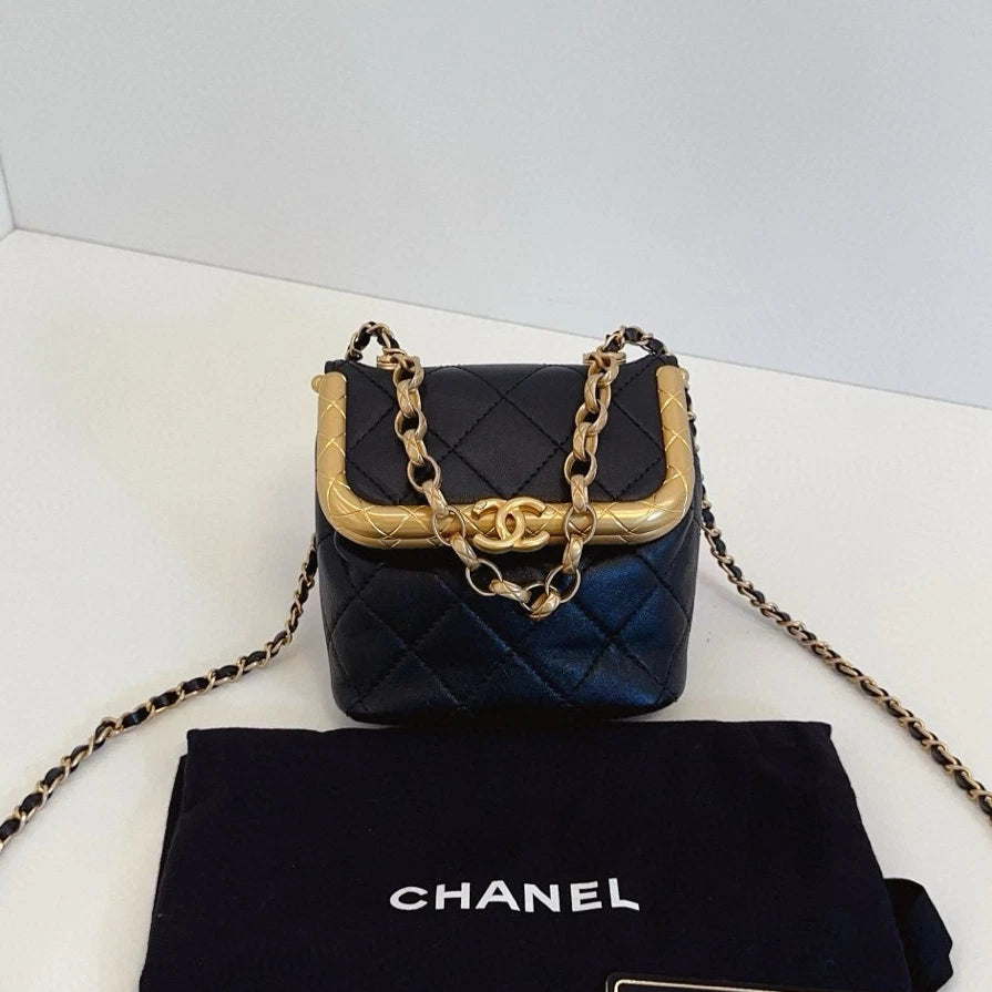 Chanel Kiss Lock Mini Chain Top Handle Crossbody Black Gold Women Classic