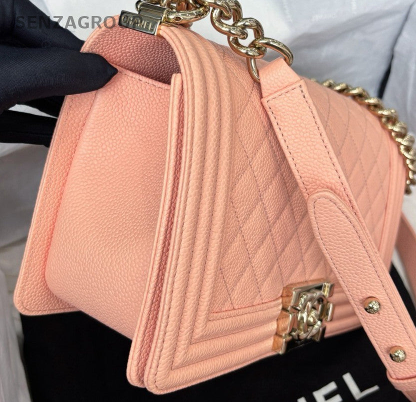 Chanel Leboy MM Calfskin Chain Shoulder Bag Pink Gold Women Classic Designer