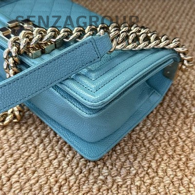 Chanel Lambskin Small Boy Bag Blue Gold Chain Crossbody Shoulder Bag