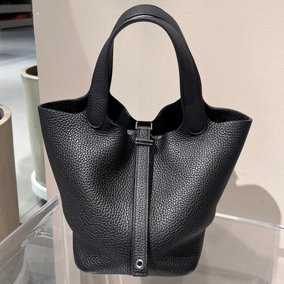 Hermes Picotin18 TC Leather Black Tote Handbag Silver Hardware