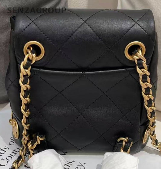Chanel Calfskin Chain Gold Coin Backpack Black Diamond Used Women Classic