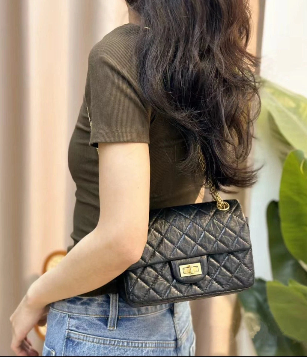 Chanel 2.55 Mini Black Gold Calfskin Shoulder Bag For Women