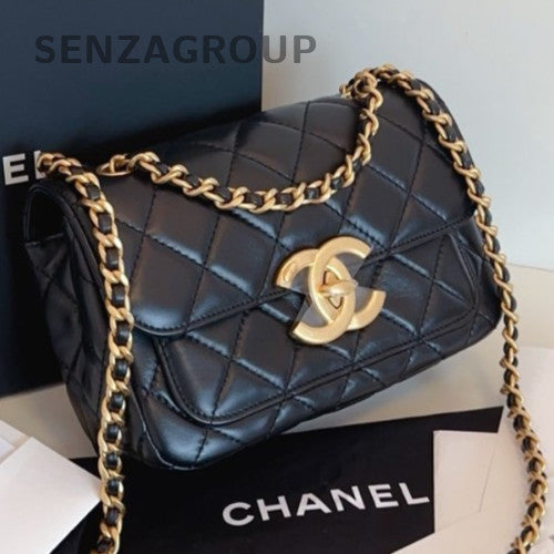 Chanel 24B Diamond Chain Shoulder Bag Crossbody Black Gold Women Classic