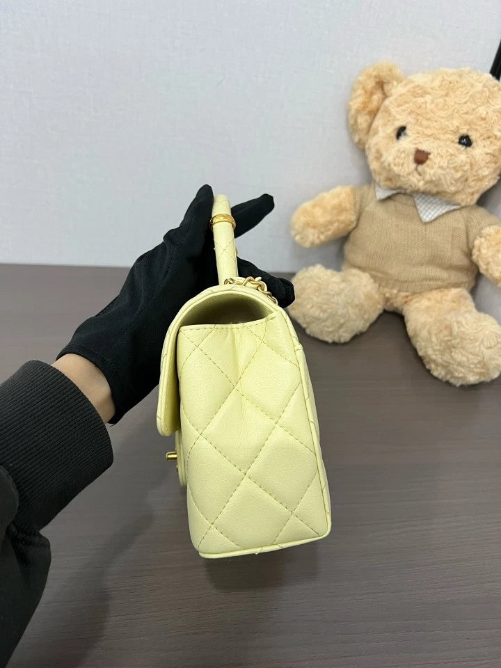 CHANEL 23S Yellow Lambskin Top Handle Box Bag For Women