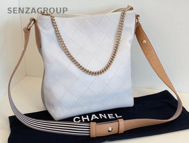 CHANEL Calfskin Bucket Diamond pattern Cream White 2way Chain Shoulder bag Women