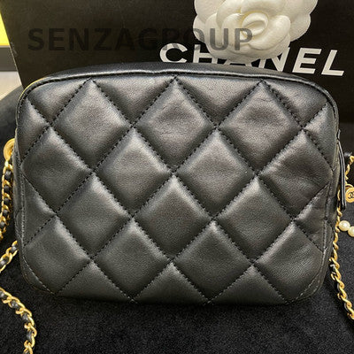 Chanel 21K Black Gold Quilted Camera Bag with Pearl Chain Strap