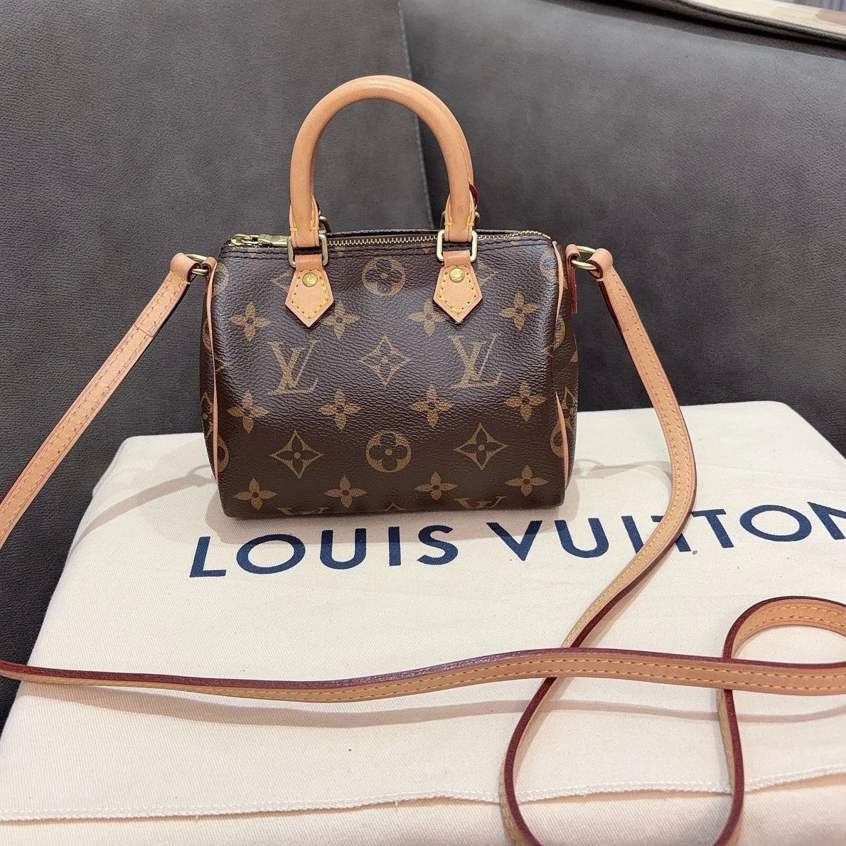 Louis Vuitton Speedy Nano Top Handle Shoulder Crossbody Bag Brown Women