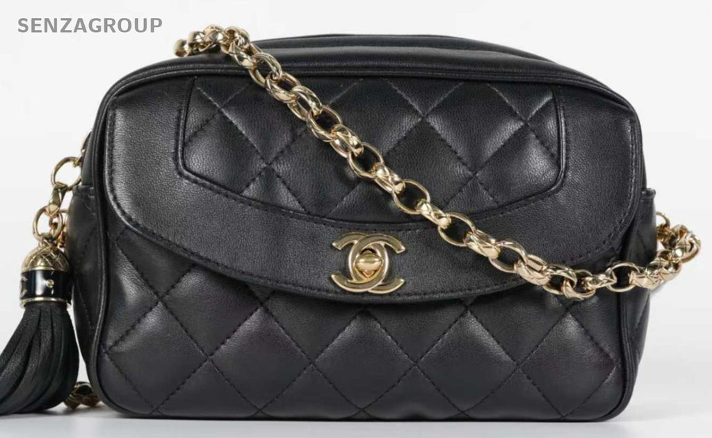 Chanel Fringe Chain Shoulder Bag Crossbody Black Gold Women Classic Diamond