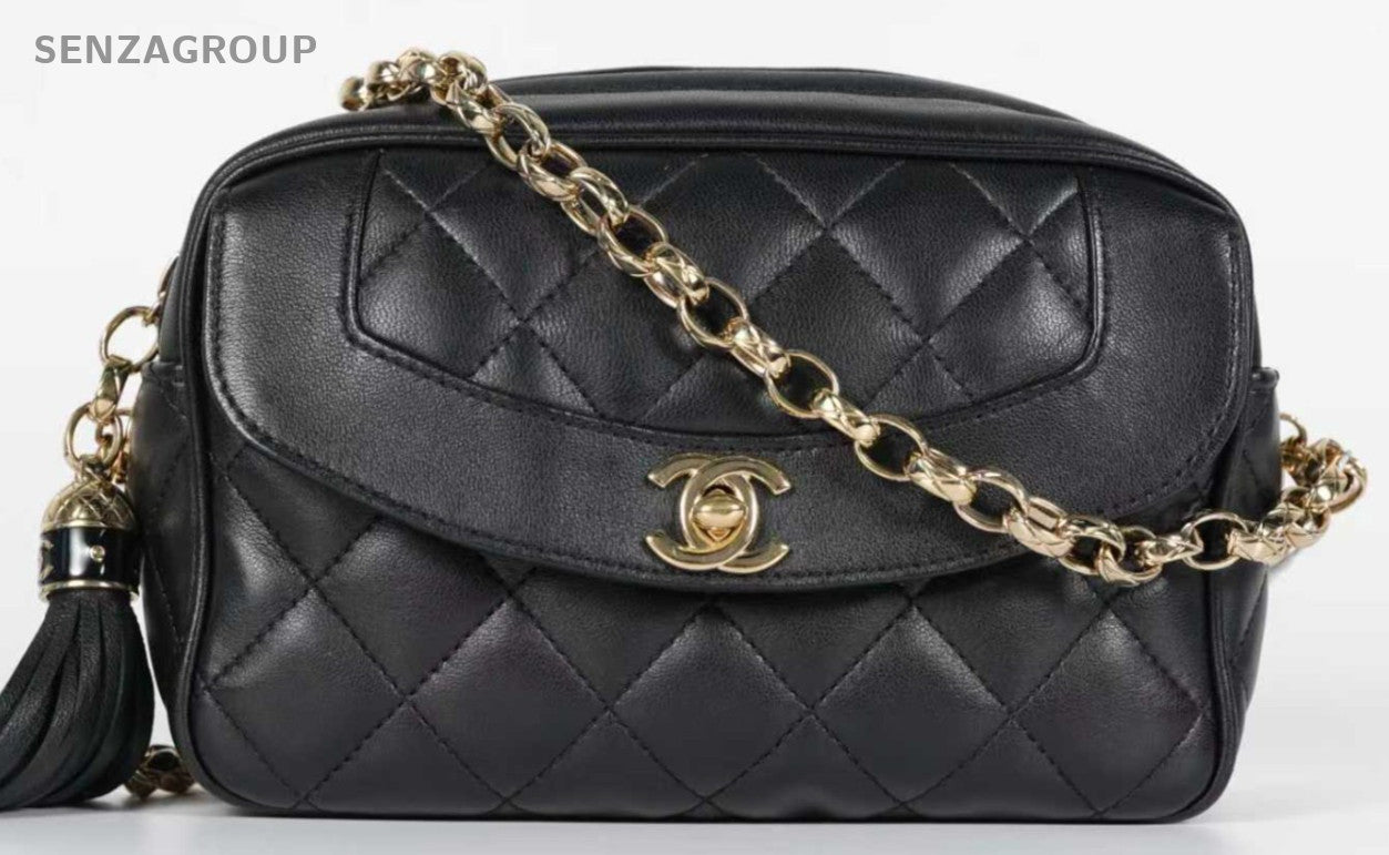 Chanel Fringe Chain Shoulder Bag Crossbody Black Gold Women Classic Diamond